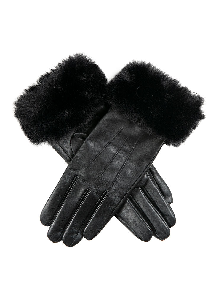 Dents Women’s Touchscreen Three-Point Lined Leather Gloves with Faux Fur Cuff 77-0019