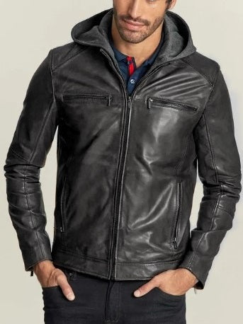 Men's Hooded Leather Jacket -VMSS190204