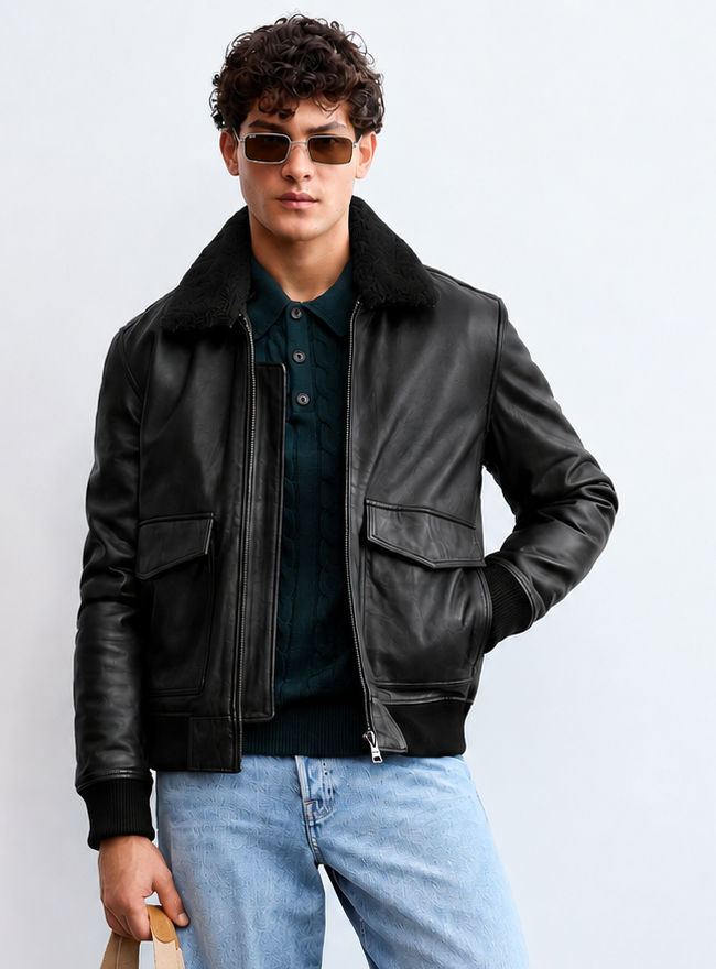 Men's Sheepskin Collar Aviator Leather Jacket -Maverik