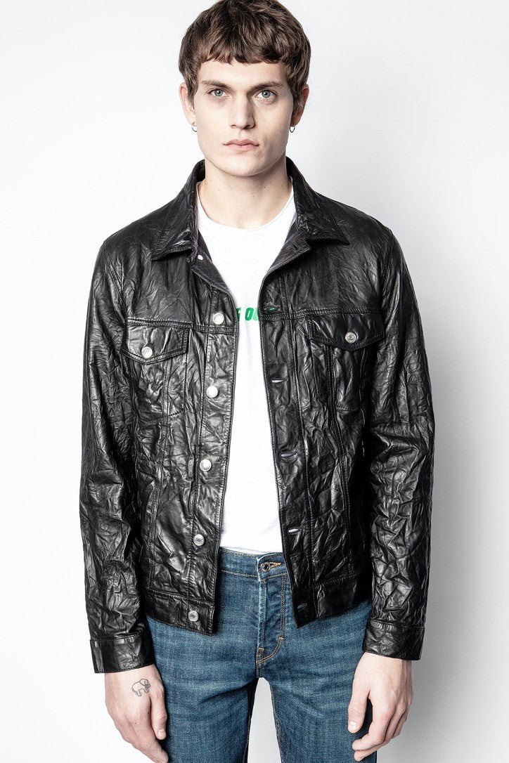 Men's Crushed Leather Jean Jacket