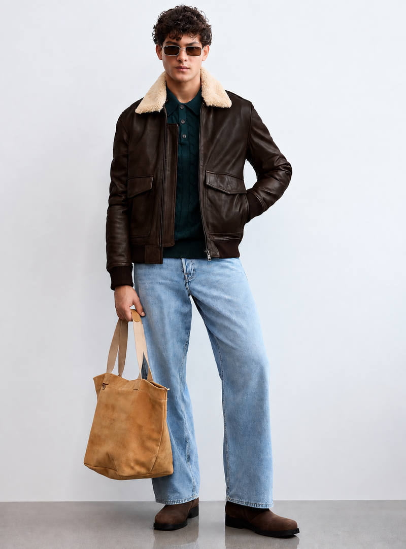 Men's Sheepskin Collar Aviator Leather Jacket -Maverik