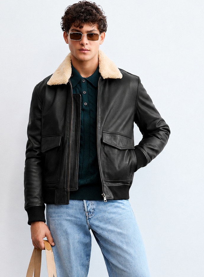 Men's Sheepskin Collar Aviator Leather Jacket -Maverik
