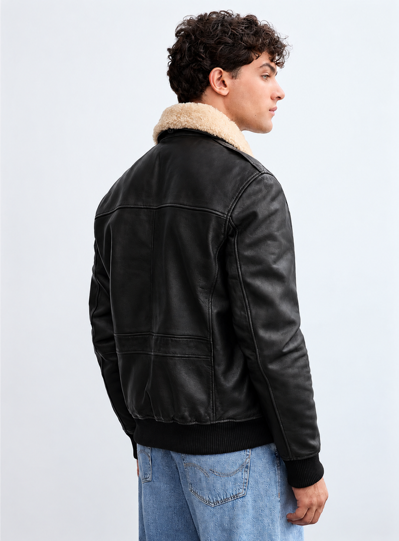 Men's Sheepskin Collar Aviator Leather Jacket -Maverik