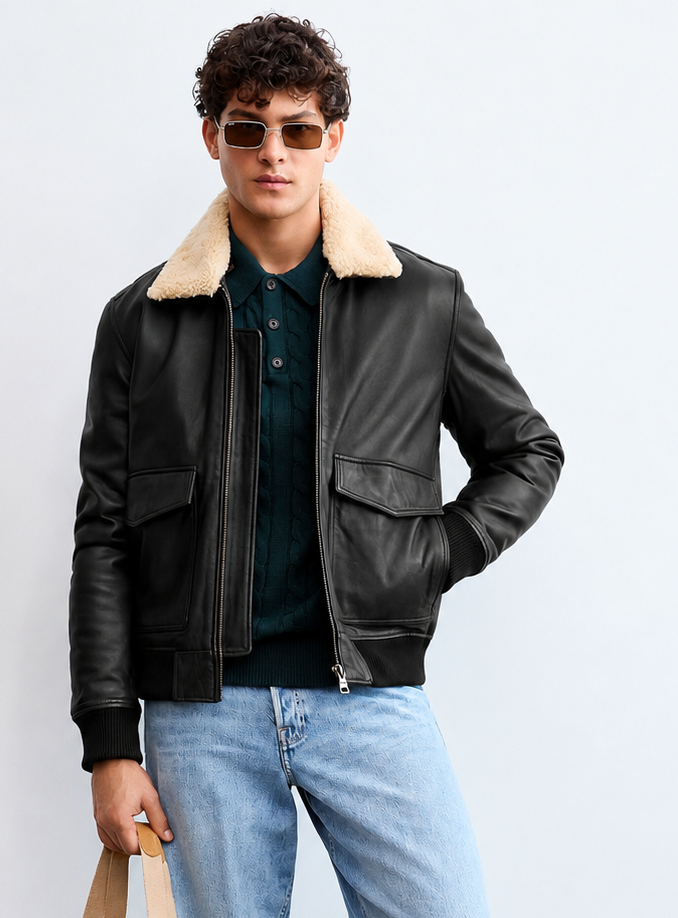 Men's Sheepskin Collar Aviator Leather Jacket -Maverik