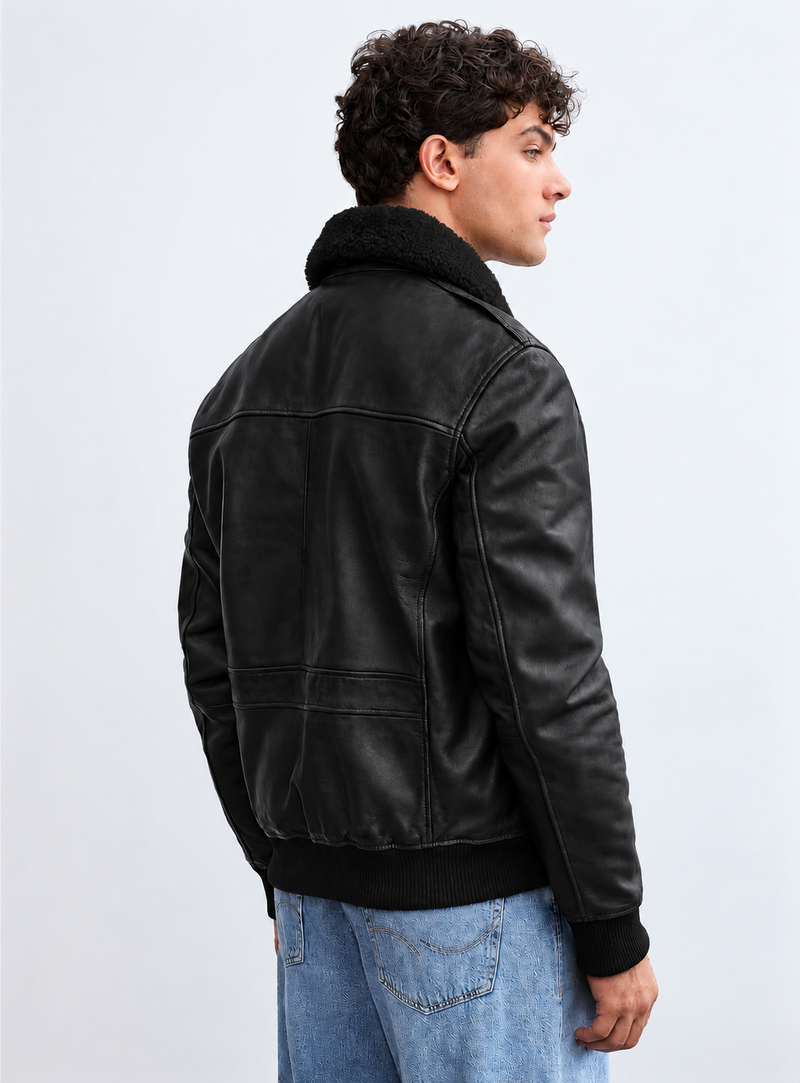 Men's Sheepskin Collar Aviator Leather Jacket -Maverik