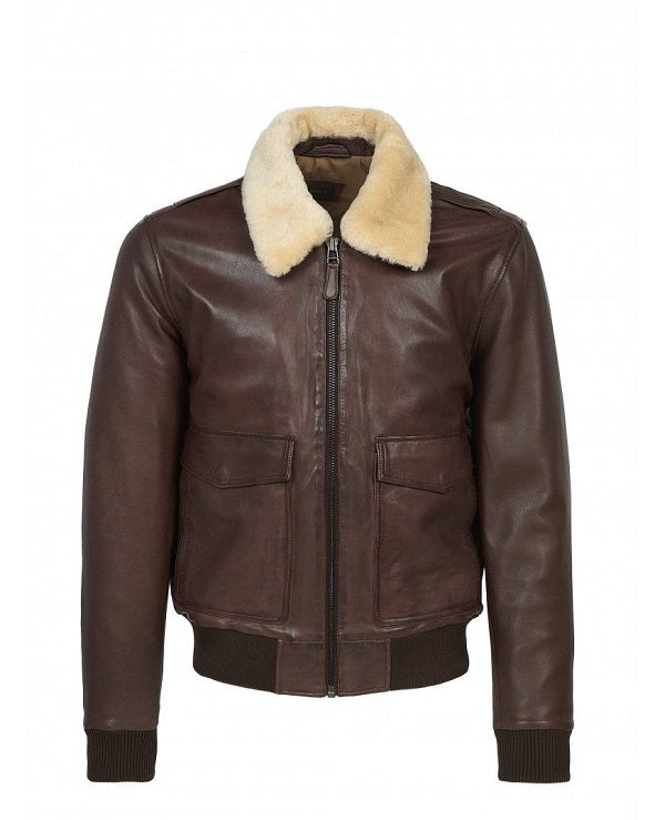 Men's Sheepskin Collar Aviator Leather Jacket -Maverik