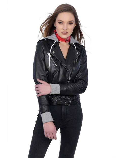 Women's Debbie Hooded Leather Biker Jacket