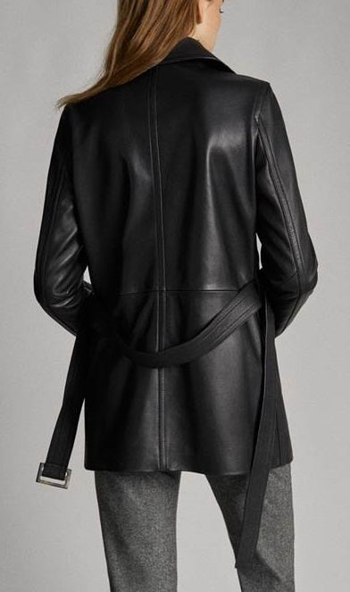 Women's Double Breasted Leather  Trench Jacket 4742