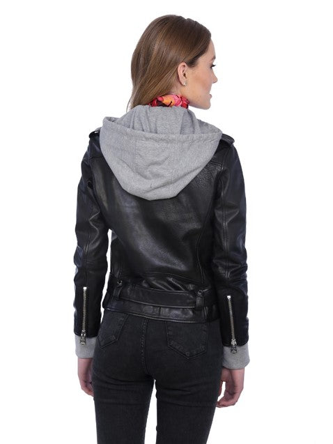Women's Debbie Hooded Leather Biker Jacket