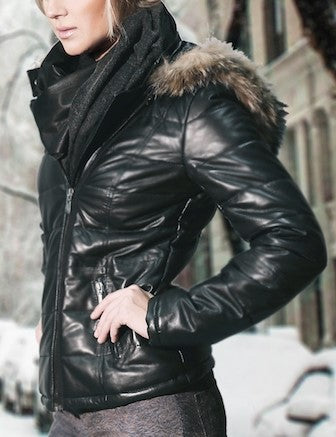 Women's  Leather  Fur Trim Hooded Jacket -Rose