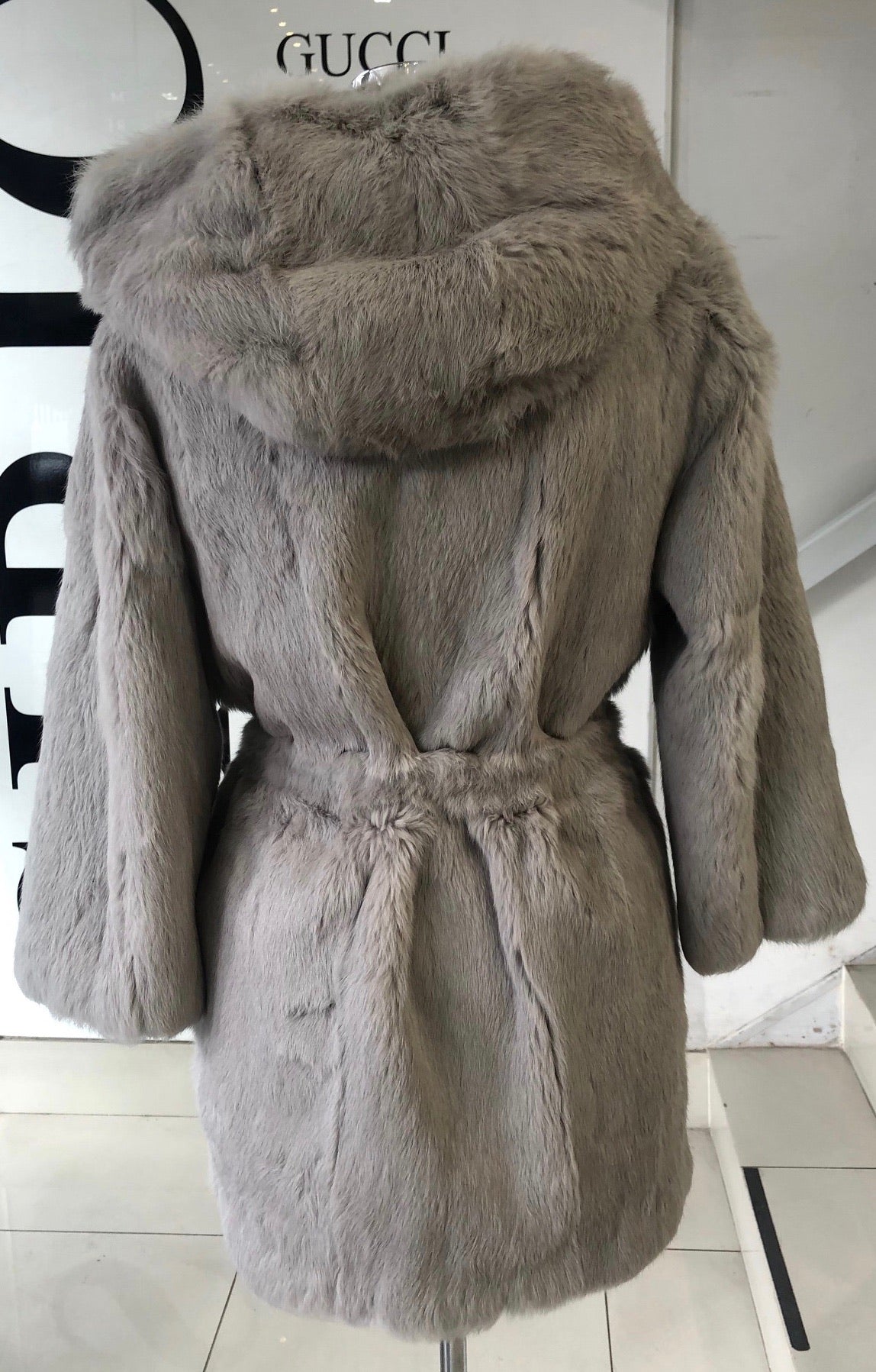 Grey fur store coat long