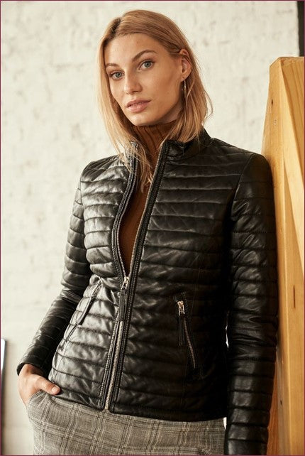 Women's Padded Zip Leather Jacket